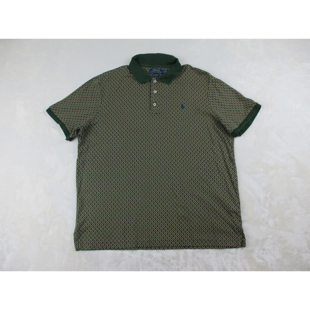 Ralph Lauren Polo Shirt Mens Large Green‎ Pony Diamonds AOP Classic Fit Casual*